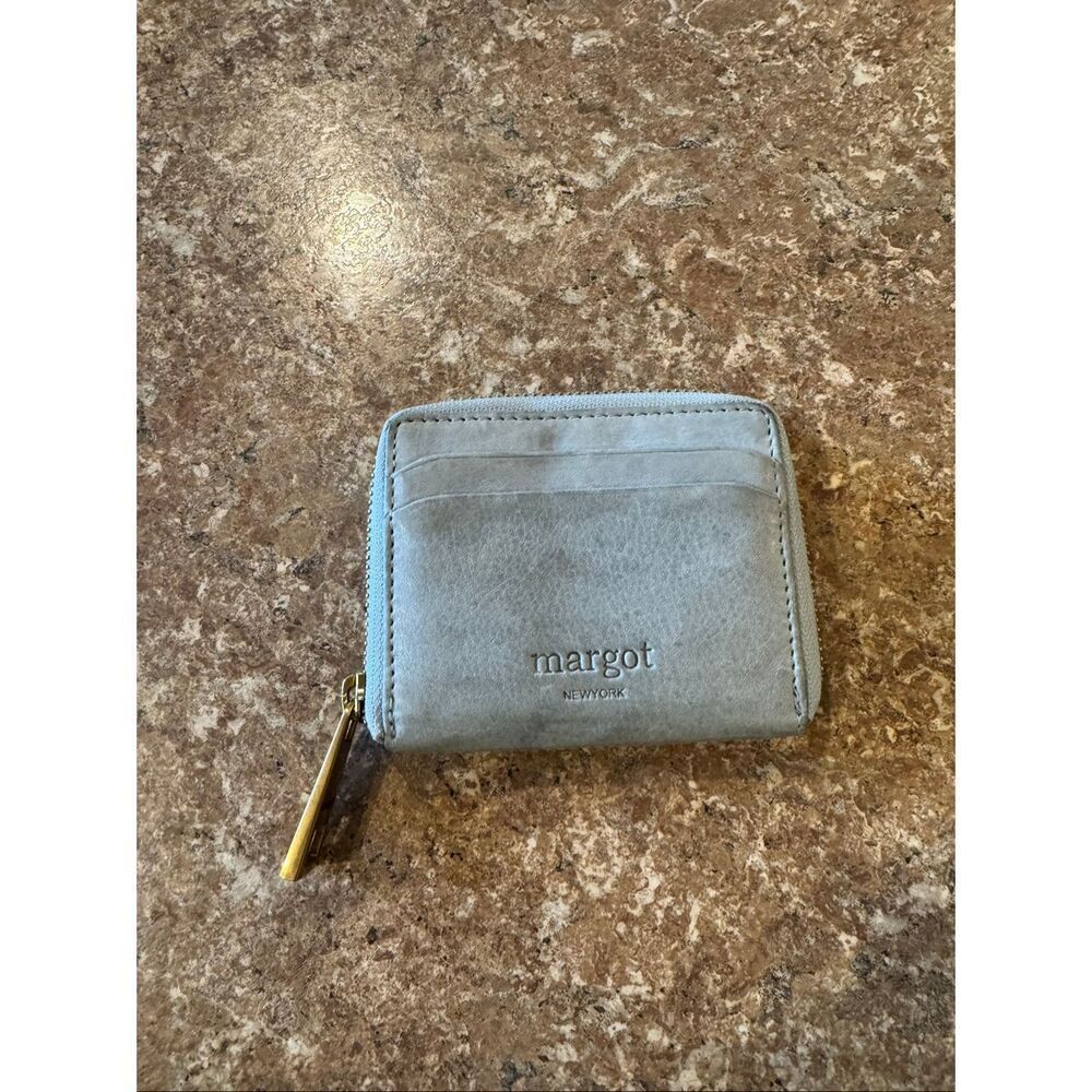 Margot New York Genuine Leather Gray Zip Around Card Holder Coin Purse Wallet